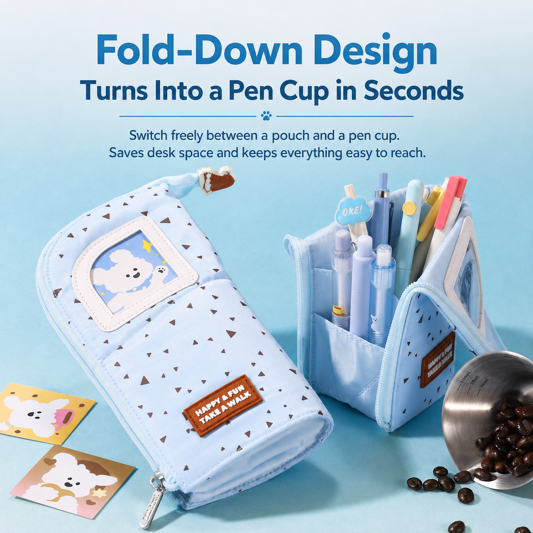 Coffee Puppy Standing Pencil Pouch 2-in-1 Fold-Down Pen by never - color option view for journaling writing tool | Lumiyear