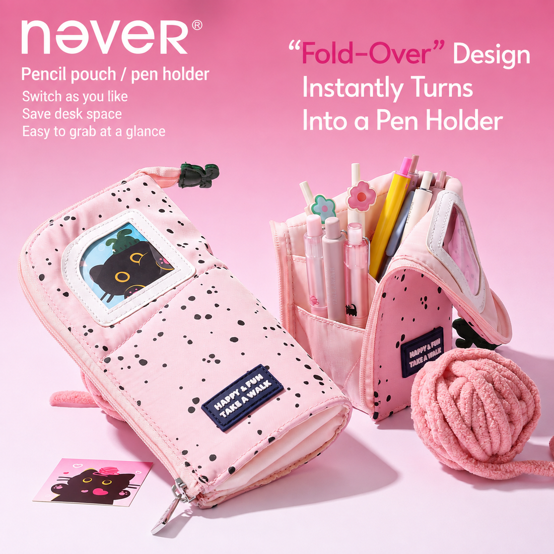 Yarn Kitten Standing Pencil Pouch 2-in-1 Fold-Down Pen Cup