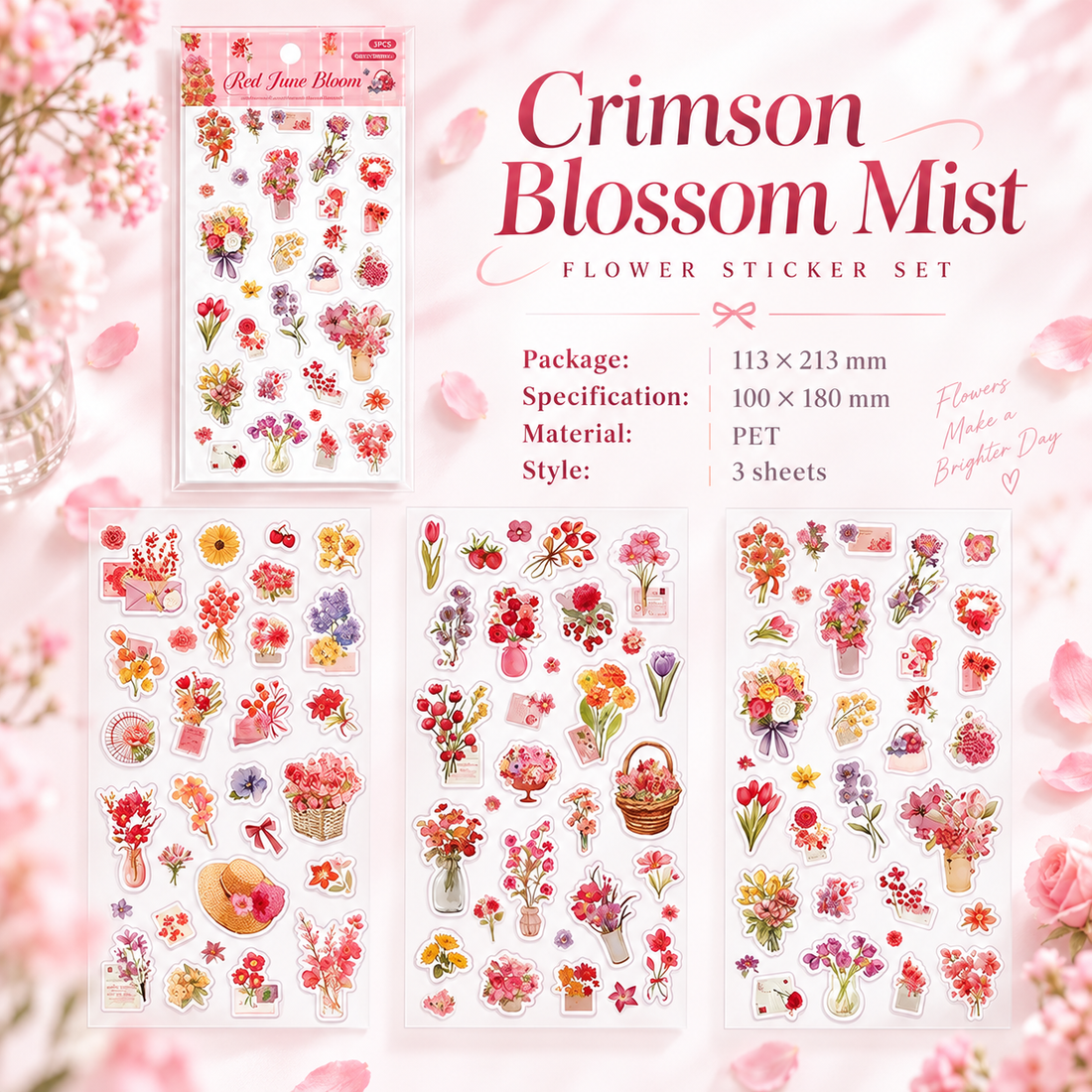 Wandering Blossom PET Floral Sticker Pack (3 Sheets)