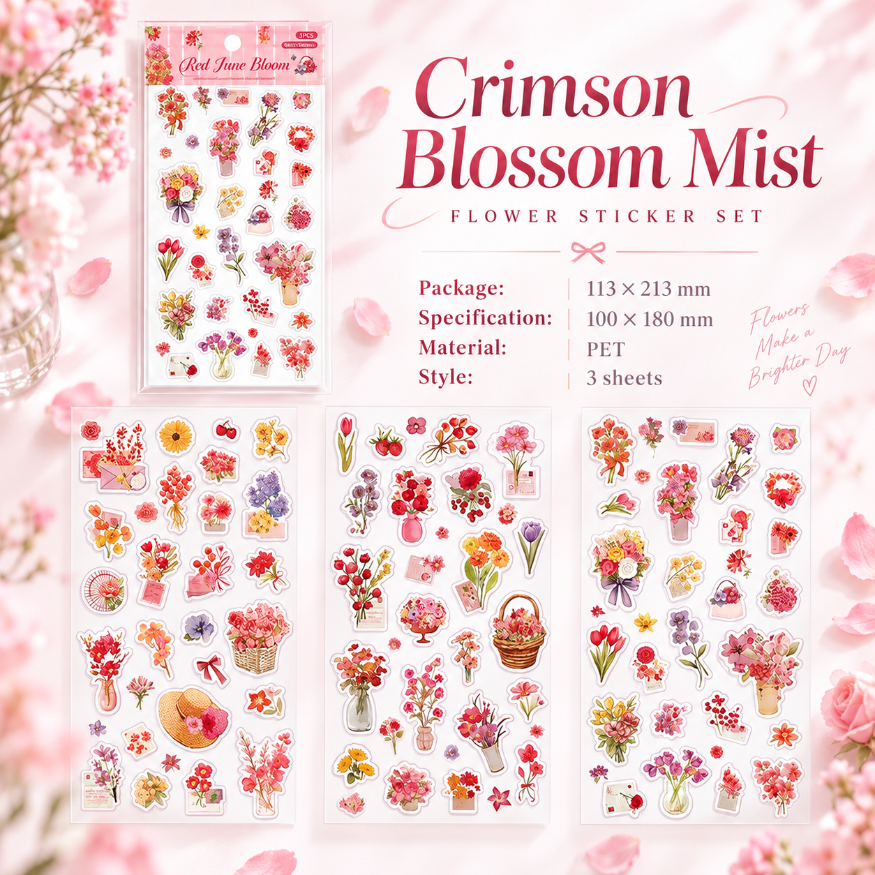 Wandering Blossom PET Floral Sticker Pack (3 Sheets)