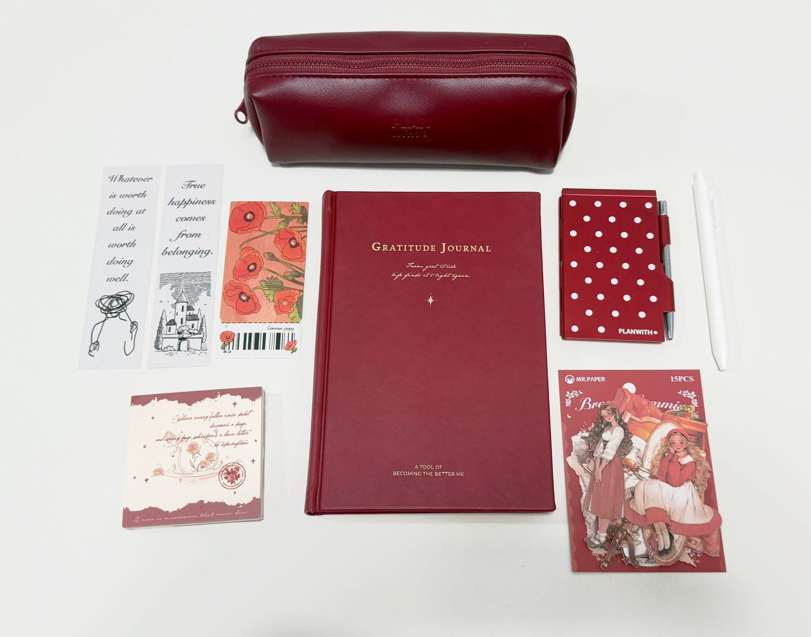 Aesthetic Bordeaux Red Gratitude Journal Gift Set by lumiyear - packaging view for stationery gift set | Lumiyear