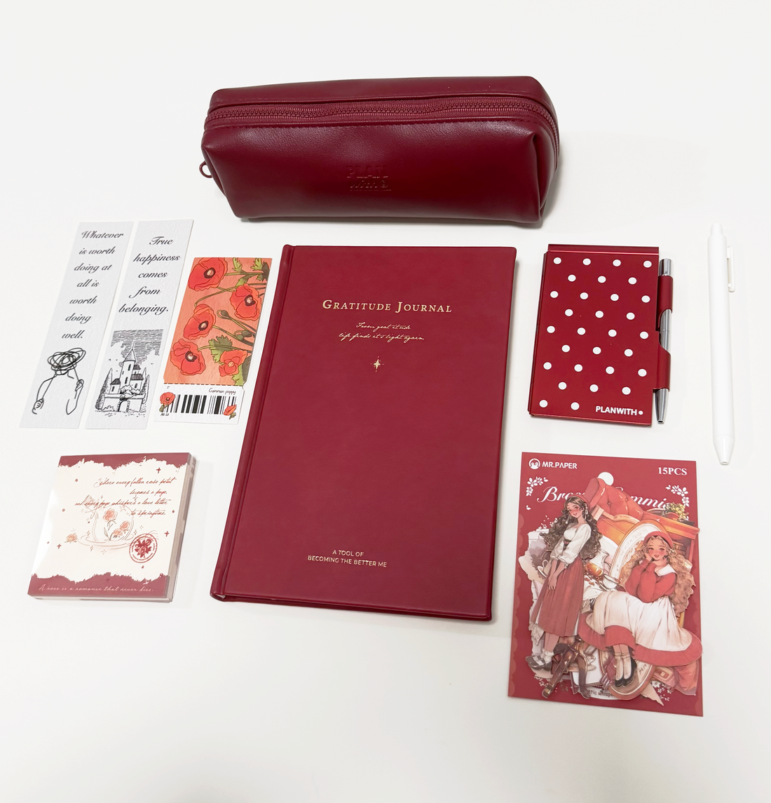 Aesthetic Bordeaux Red Gratitude Journal Gift Set by lumiyear - lifestyle stationery view for stationery gift set | Lumiyear