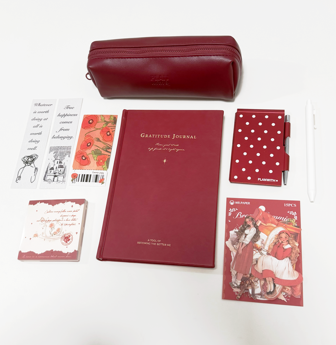 Aesthetic Bordeaux Red Gratitude Journal Gift Set by lumiyear - inside detail for stationery gift set | Lumiyear