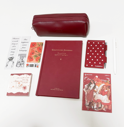 Aesthetic Bordeaux Red Gratitude Journal Gift Set by lumiyear - inside detail for stationery gift set | Lumiyear