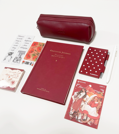 Aesthetic Bordeaux Red Gratitude Journal Gift Set by lumiyear - detail view for stationery gift set | Lumiyear