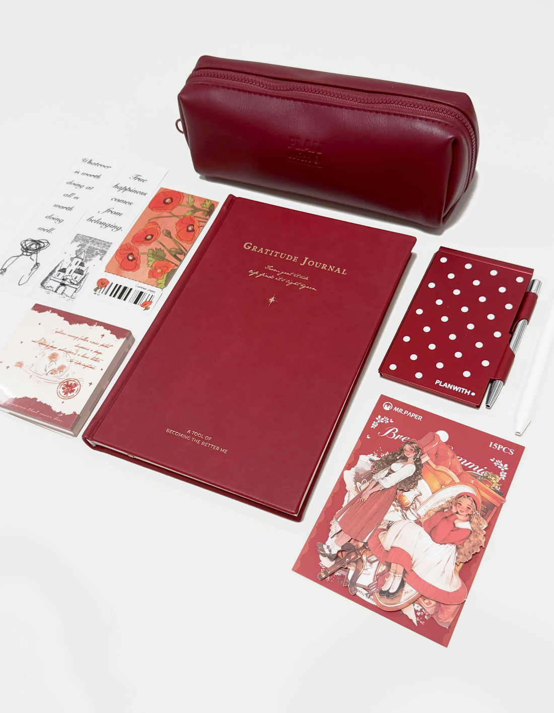 Aesthetic Bordeaux Red Gratitude Journal Gift Set by lumiyear - color option view for stationery gift set | Lumiyear