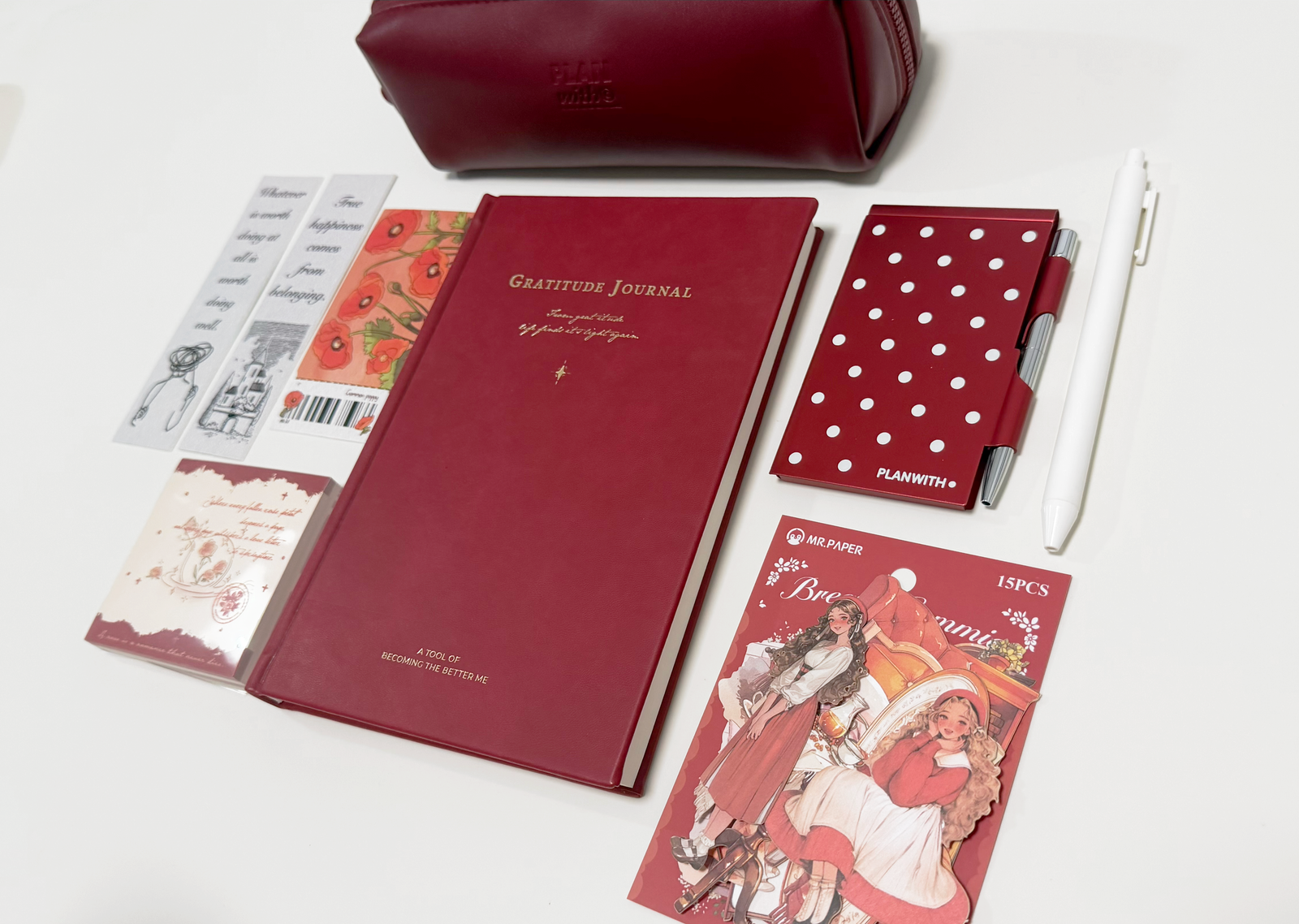 Aesthetic Bordeaux Red Gratitude Journal Gift Set by lumiyear - color option view for stationery gift set | Lumiyear