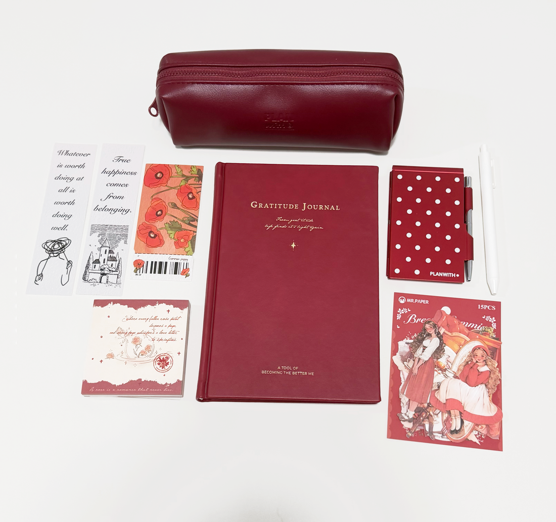 Aesthetic Bordeaux Red Gratitude Journal Gift Set by lumiyear - color option view for stationery gift set | Lumiyear